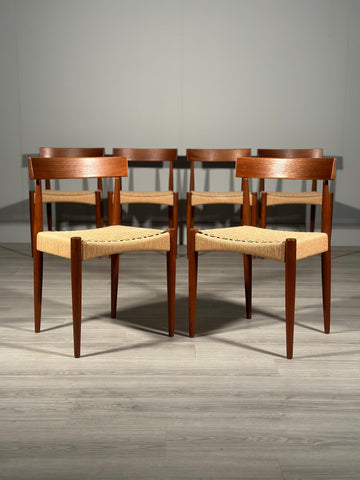 Set of 6 Danish Teak And Paper Cord Dining Chairs Designed By Arne Hovmand Olsen For Mogens Kold