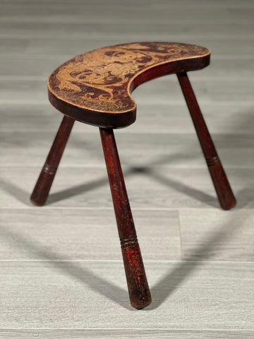 Antique 3 Legged Stool With Poker Work Top