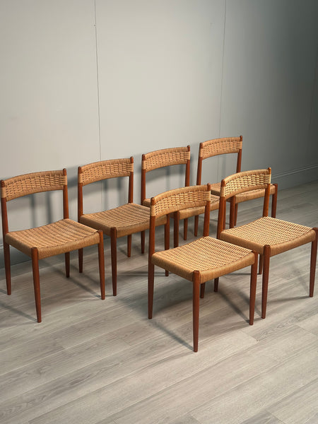 Set of 6 Danish Teak & Papercord Dining Chairs