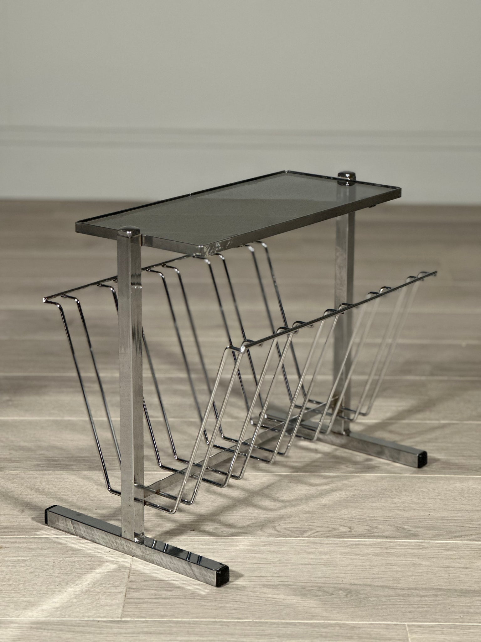 1970’s Chrome And Smoked Glass Magazine Rack