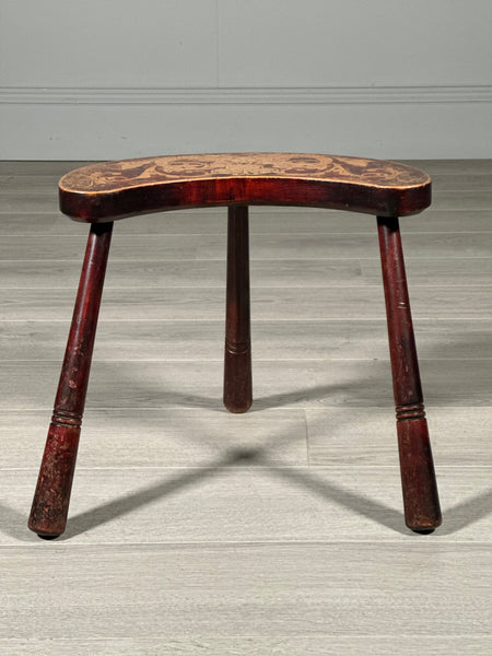 Antique 3 Legged Stool With Poker Work Top