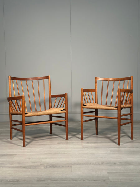 His And Hers Oak & Papercord J82 Armchairs By Jørgen Bækmark For Fdb Møbler 1960s