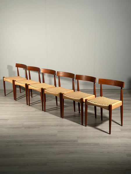 Set of 6 Danish Teak And Paper Cord Dining Chairs Designed By Arne Hovmand Olsen For Mogens Kold
