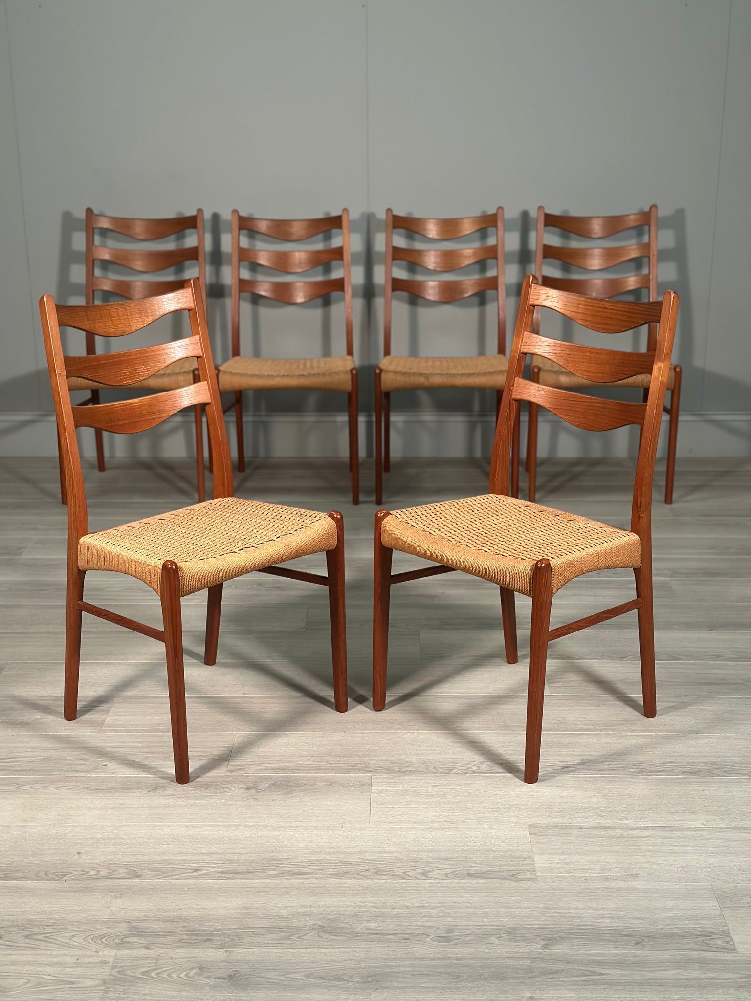 A Set Of 6 Danish Teak Paper cord Dining Chairs By Arne Wahl Iversen