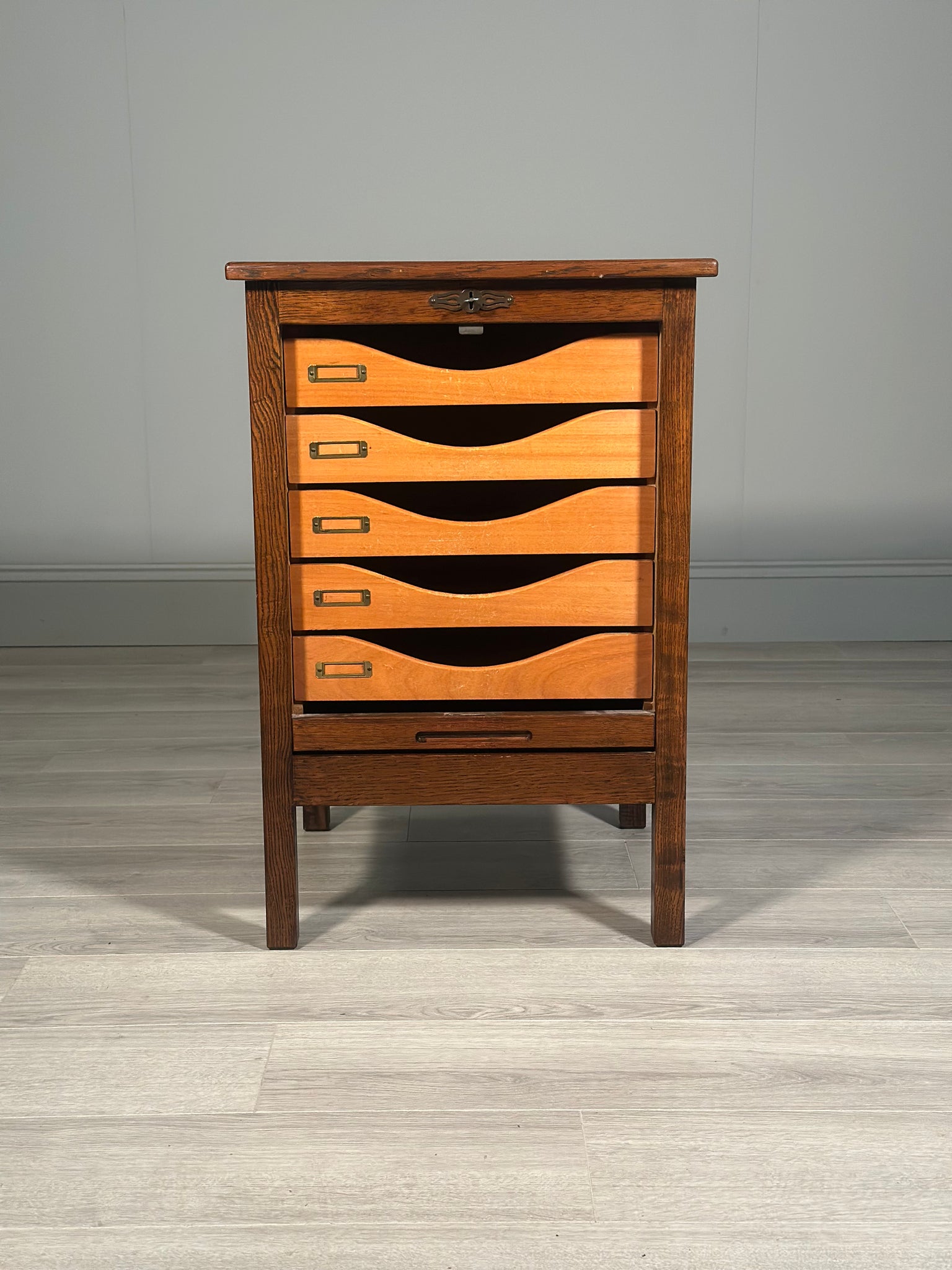 Vintage Oak Tambour Door Filing Cabinet c.1960