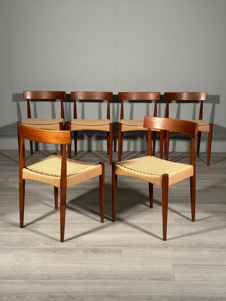 Set of 6 Danish Teak And Paper Cord Dining Chairs Designed By Arne Hovmand Olsen For Mogens Kold