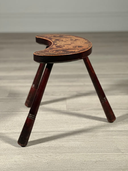 Antique 3 Legged Stool With Poker Work Top