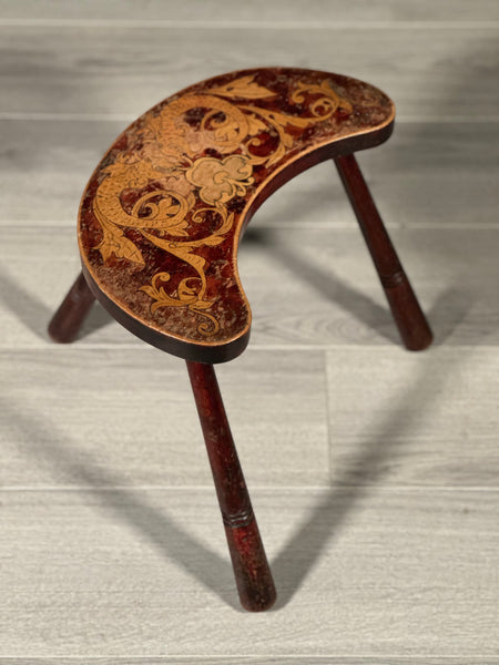 Antique 3 Legged Stool With Poker Work Top