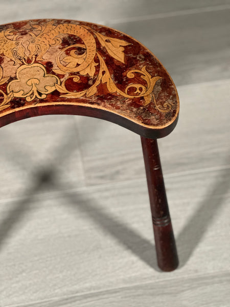 Antique 3 Legged Stool With Poker Work Top