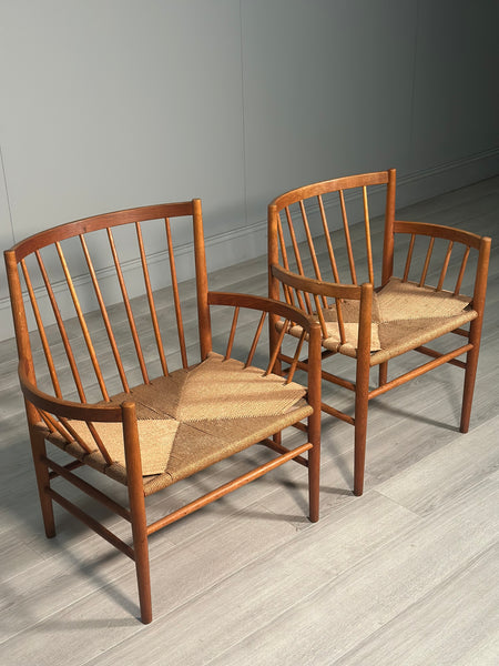 His And Hers Oak & Papercord J82 Armchairs By Jørgen Bækmark For Fdb Møbler 1960s