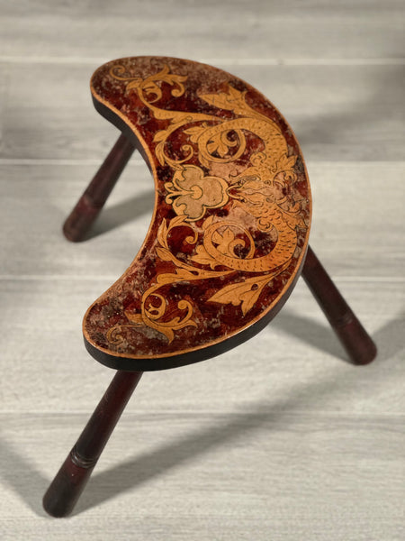 Antique 3 Legged Stool With Poker Work Top