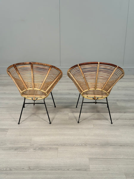 A Pair Of Italian Rattan Lounge Chairs c.1970
