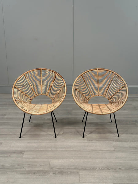 A Pair Of Italian Rattan Lounge Chairs c.1970