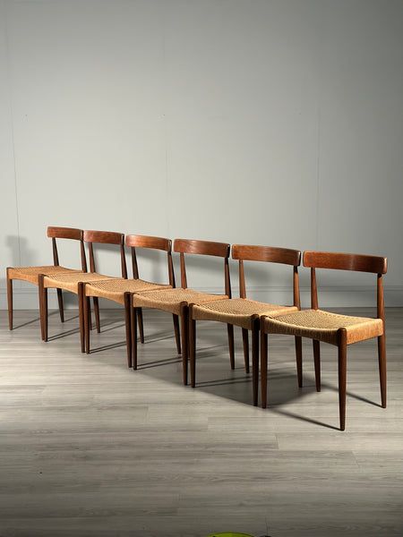 Set of 6 Danish Teak And Paper Cord Dining Chairs Designed By Arne Hovmand Olsen For Mogens Kold