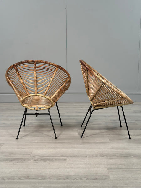 A Pair Of Italian Rattan Lounge Chairs c.1970