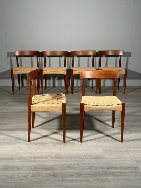 Set of 6 Danish Teak And Paper Cord Dining Chairs Designed By Arne Hovmand Olsen For Mogens Kold