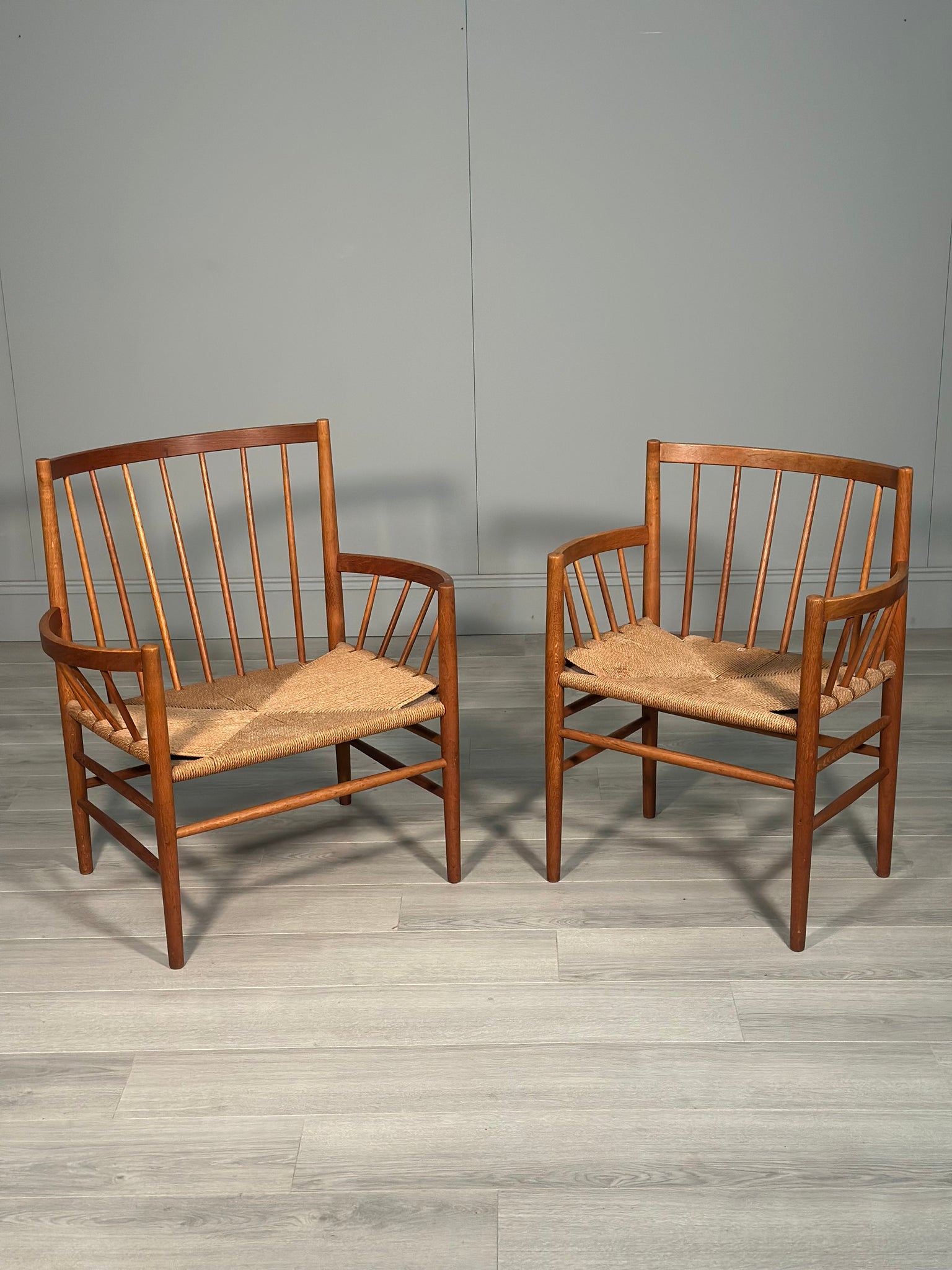 His And Hers Oak & Papercord J82 Armchairs By Jørgen Bækmark For Fdb Møbler 1960s