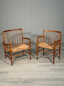 His And Hers Oak & Papercord J82 Armchairs By Jørgen Bækmark For Fdb Møbler 1960s