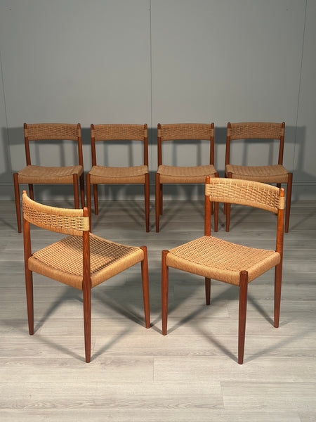 Set of 6 Danish Teak & Papercord Dining Chairs