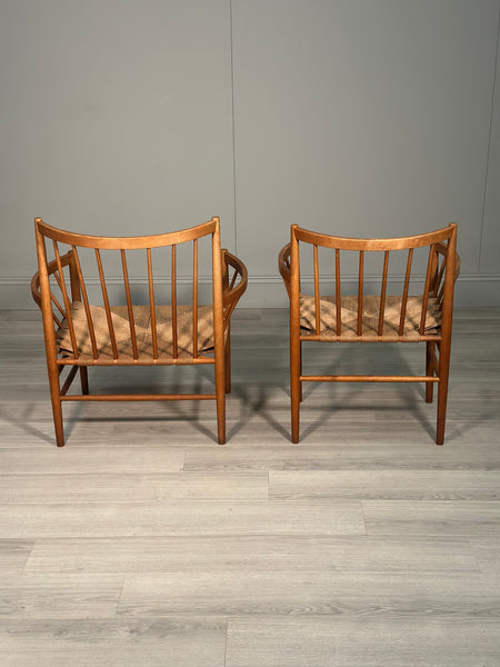 His And Hers Oak & Papercord J82 Armchairs By Jørgen Bækmark For Fdb Møbler 1960s