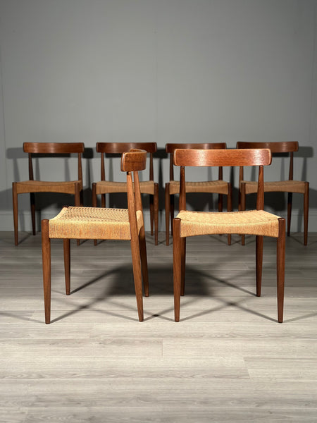 Set of 6 Danish Teak And Paper Cord Dining Chairs Designed By Arne Hovmand Olsen For Mogens Kold