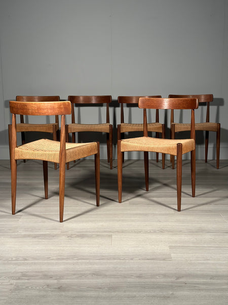 Set of 6 Danish Teak And Paper Cord Dining Chairs Designed By Arne Hovmand Olsen For Mogens Kold