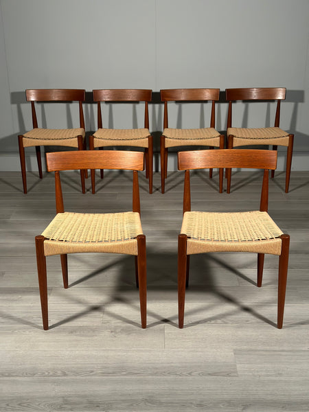 Set of 6 Danish Teak And Paper Cord Dining Chairs Designed By Arne Hovmand Olsen For Mogens Kold