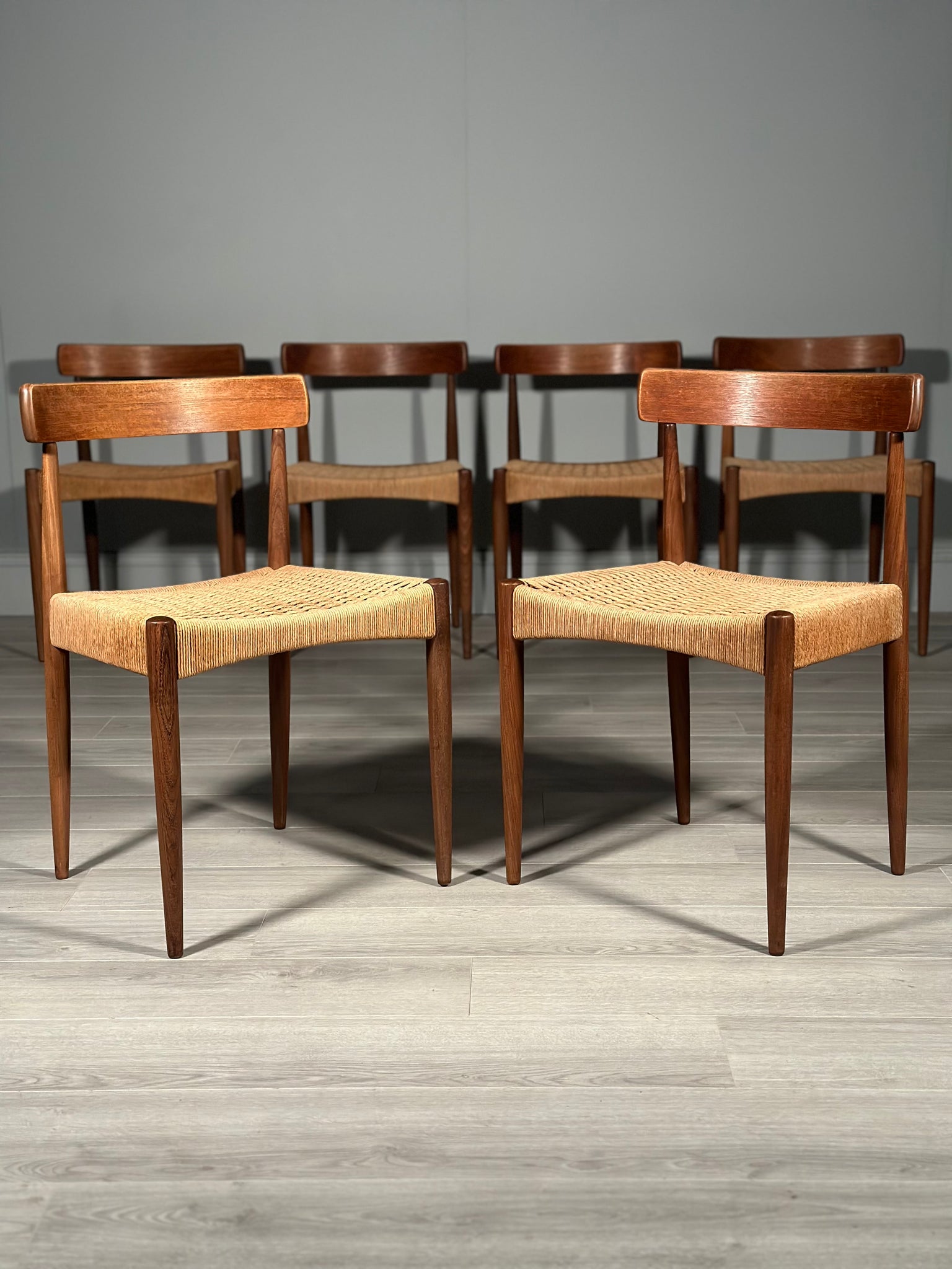 Set of 6 Danish Teak And Paper Cord Dining Chairs Designed By Arne Hovmand Olsen For Mogens Kold