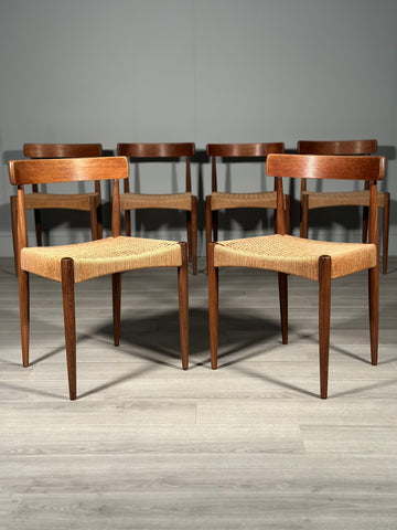 Set of 6 Danish Teak And Paper Cord Dining Chairs Designed By Arne Hovmand Olsen For Mogens Kold
