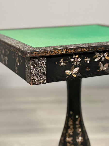 Antique Ebonised Papier Mache Mother Of Pearl Games Table