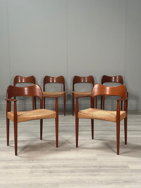 Set of 6 Danish Teak And Paper Cord Dining Chairs Designed By Arne Hovmand Olsen For Mogens Kold