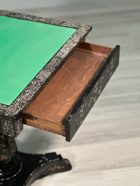 Antique Ebonised Papier Mache Mother Of Pearl Games Table