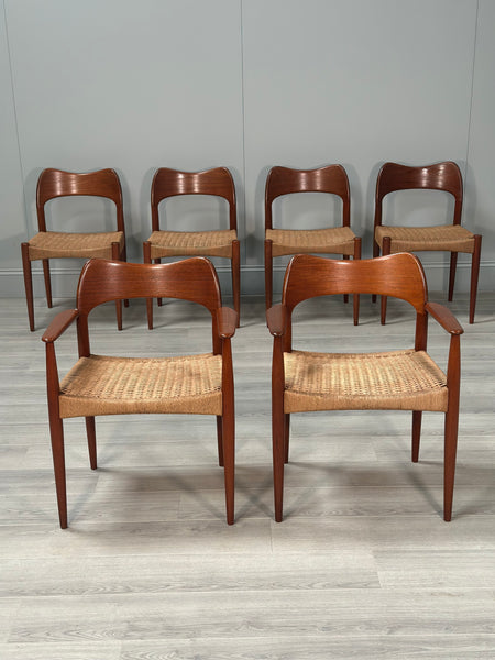 Set of 6 Danish Teak And Paper Cord Dining Chairs Designed By Arne Hovmand Olsen For Mogens Kold