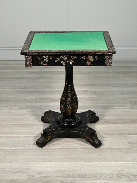 Antique Ebonised Papier Mache Mother Of Pearl Games Table