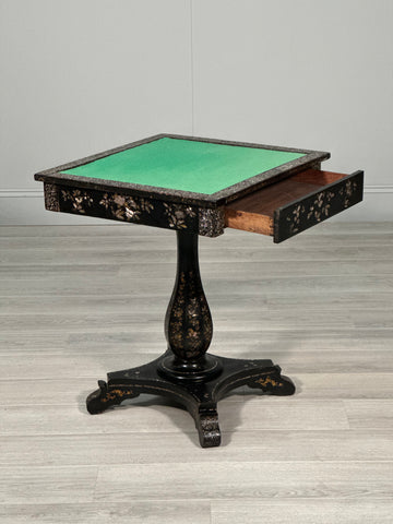 Antique Ebonised Papier Mache Mother Of Pearl Games Table