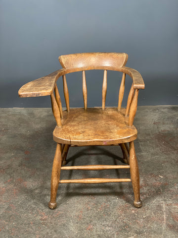 Antique Elm Smokers Bow Captains Chair With Oversized Arm