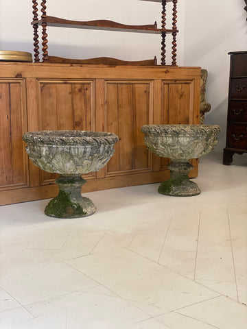 Pair Of Antique Weathered Composite Stone Urns