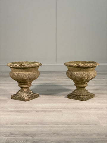 Pair Of Antique Weathered Composite Stone Urns