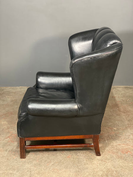 Mid 20th Century Black Leather Wing Back Arm Chair