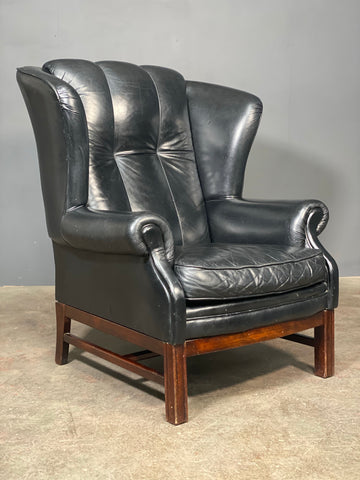 Mid 20th Century Black Leather Wing Back Arm Chair