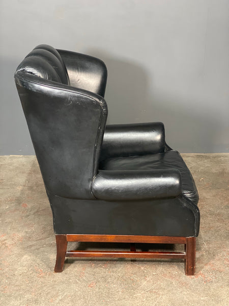 Mid 20th Century Black Leather Wing Back Arm Chair