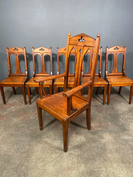 Set Of 6 Late Victorian Gothic Pitch Pine Church Chairs Including Carver Chair