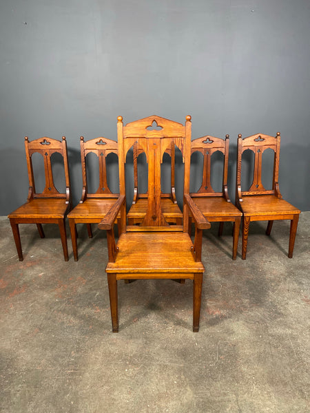 Set Of 6 Late Victorian Gothic Pitch Pine Church Chairs Including Carver Chair