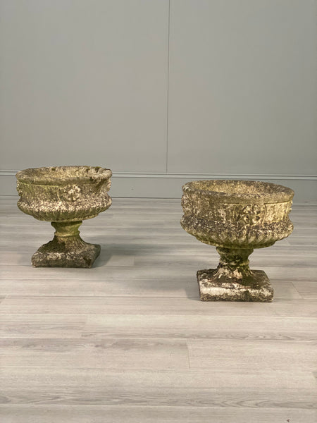 Pair Of Antique Weathered Composite Stone Urns