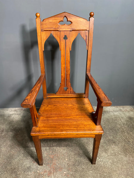 Set Of 6 Late Victorian Gothic Pitch Pine Church Chairs Including Carver Chair