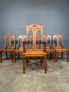 Set Of 6 Late Victorian Gothic Pitch Pine Church Chairs Including Carver Chair