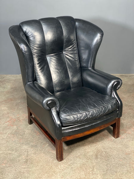 Mid 20th Century Black Leather Wing Back Arm Chair