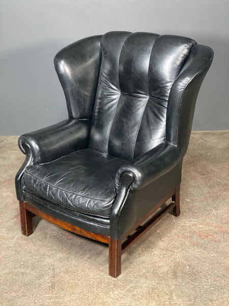 Mid 20th Century Black Leather Wing Back Arm Chair