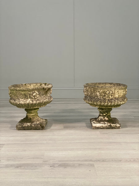 Pair Of Antique Weathered Composite Stone Urns