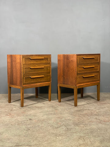 Pair Of Mid Century Fiddleback Teak Bedside Cabinets